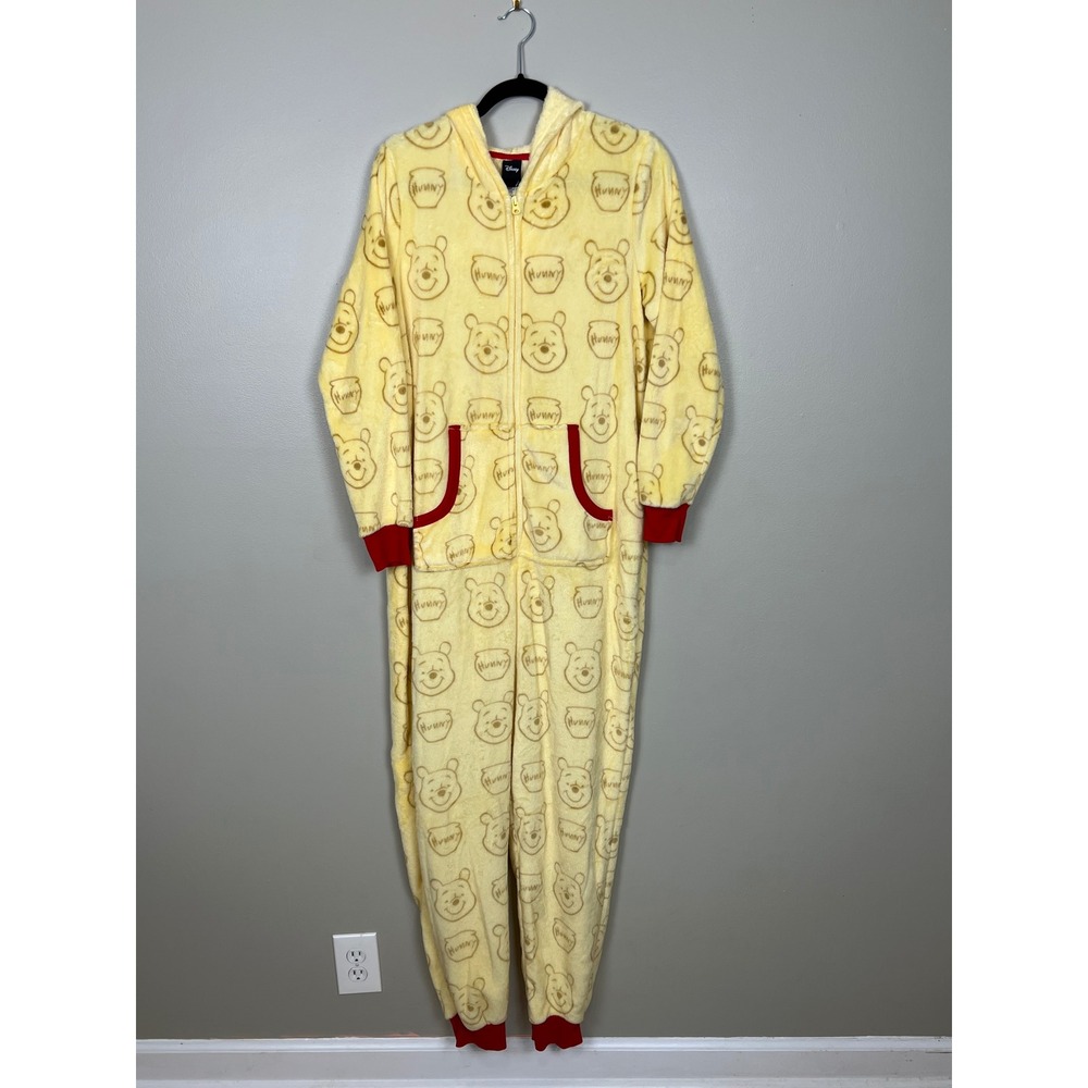 Disney Winnie the Pooh Plush Fleece Hooded One Piece Union Suit Yellow Large L - Picture 5 of 15